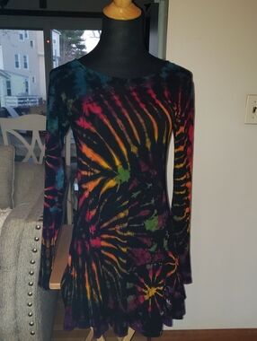 Black Multicolor Tie-Dye Long Sleeve Mini Dress